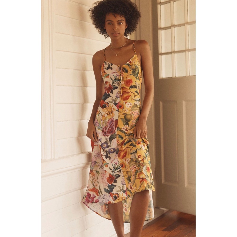LyreBird Anthropologie Burcu Korkmazyurek Botanical Fruit Slip Midi Dress S NEW